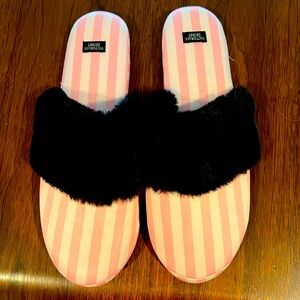 Victoria’s Secret Pink Striped Slippers Black Fur | Women’s Size Large